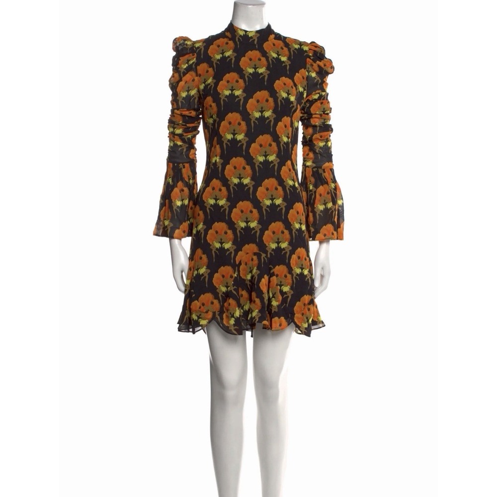 de la vali puma Rushed Long Sleeve ruffle mini dress 8 Chiffon Lined Muck Neck